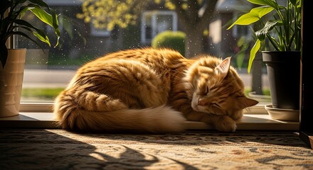 Orange tabby cat resting on floor.