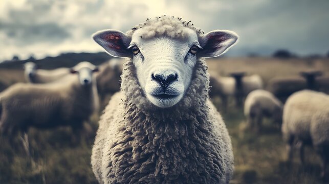 A white sheep stares directly at the camera with a flock of sheep in the blurry background. - Powered by Adobe