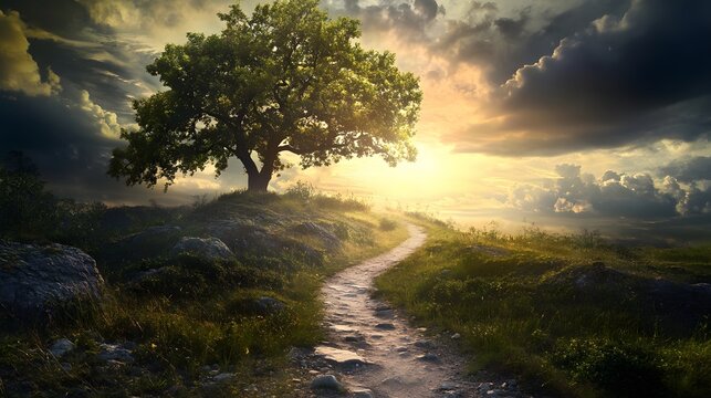 A winding dirt path leads to a solitary tree standing tall on a grassy hilltop bathed in the golden light of the setting sun.