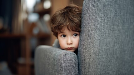 A young child with curly hair looks out from behind a gray sofa in a cozy room filled with soft light. The child appears curious and playful.