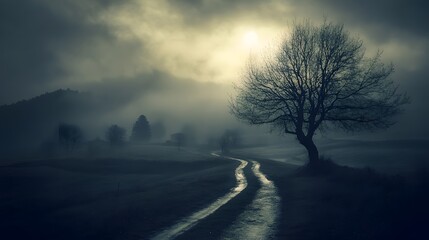 A winding dirt road leads through a foggy landscape, with a lone tree silhouetted against a cloudy sky.