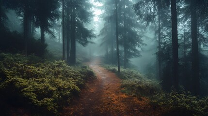 A winding path through a dense, misty forest, shrouded in an ethereal fog. The path disappears into the distance, creating an air of mystery and intrigue.