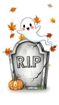 Cute Ghost Floating Above RIP Gravestone With Pumpkin Autumn Leaves
