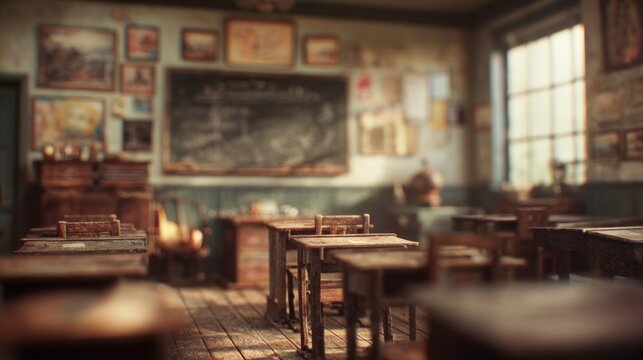 A nostalgic classroom scene with wooden desks, a chalkboard, and vintage educational posters, evoking a sense of history and learning.