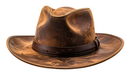 Worn leather fedora hat, weathered texture, dark band. Isolated against black