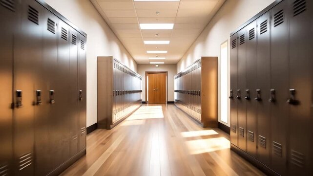 A long corridor with lockers on both sides, leading towards a wooden door, illuminated by ceiling lights.