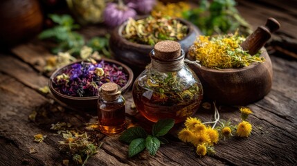 Several jars and bowls contain dried herbs and flowers on a wooden table. The arrangement shows various colors and shapes of plant materials in natural light.