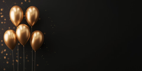 Cluster of metallic gold balloons on a black background with scattered light particles. Elegant festive setup with copy space, ideal for celebration, promotion, or luxury branding.