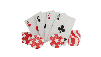 3D Four Aces Poker Cards and Casino Chips on transparent background