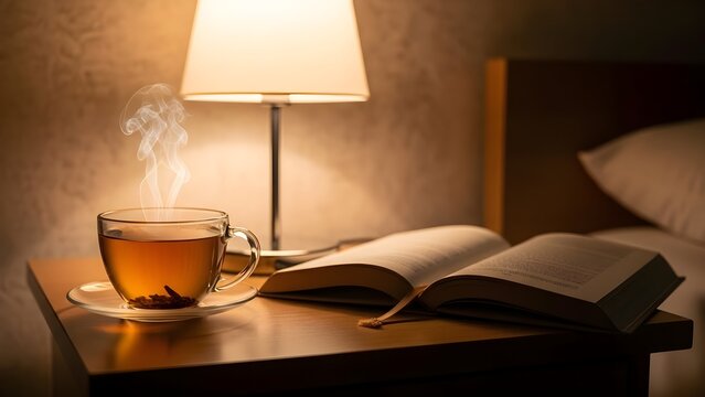 Steaming tea cup and open book on a bedside table with a warm lamp light, creating a cozy evening atmosphere for relaxation and reading.