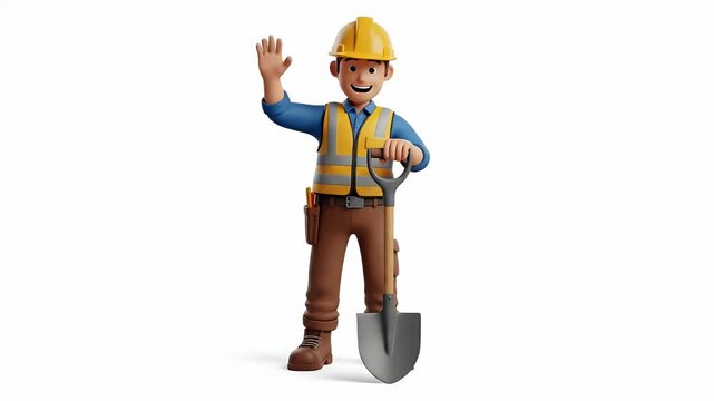 Construction Worker Waving Hello Holding Shovel Yellow Hard Hat Vest