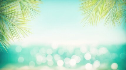 A serene, blurred background featuring palm leaves over a shimmering ocean with soft bokeh, creating a tropical, calming atmosphere.