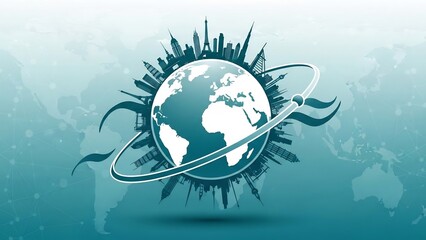 Global cityscape silhouette encircling a stylized white and teal earth globe with a swooping orbital path, conceptualizing international travel and business.