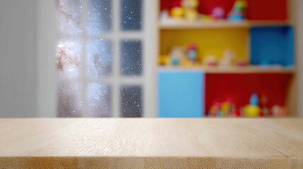 A wooden tabletop foreground contrasts with a colorful background of toys and a galaxy-like scene, blending imagination and reality.