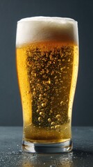 A refreshing glass of beer filled with bubbles and frothy foam, set against a dark backdrop, inviting and thirst-quenching.