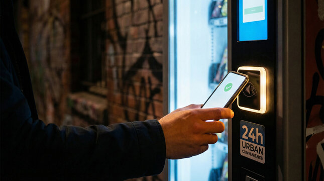 Instant payment NFC concept. Person using a smartphone at a vending machine in an urban setting.