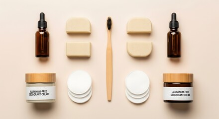 Natural personal care products arranged on a neutral surface.