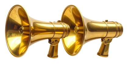 Two golden megaphones face forward, side-by-side, on a black background