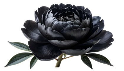 A detailed digital rendering of a full-bloom, glossy black flower and green leaves