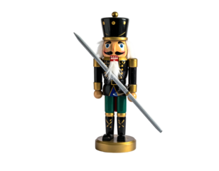 Classic toy soldier nutcracker, standing, holding a spear, on a gold base, black background