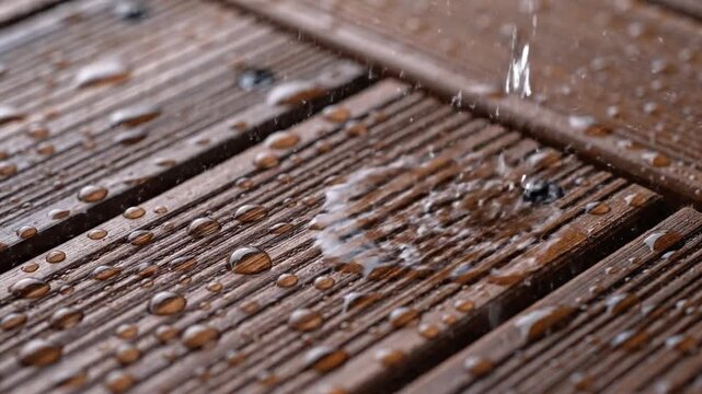 Water droplets beading and splashing on a durable weather-resistant wooden deck surface