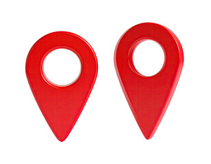 Two glossy red location markers, side by side, isolated on black (1)