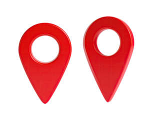 Two glossy red location markers, side by side, isolated on black (1)