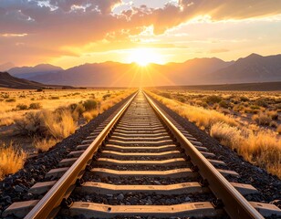 Fototapeta premium Golden Hour Railroad Tracks Leading Towards the Setting Sun in a Desert Landscape.