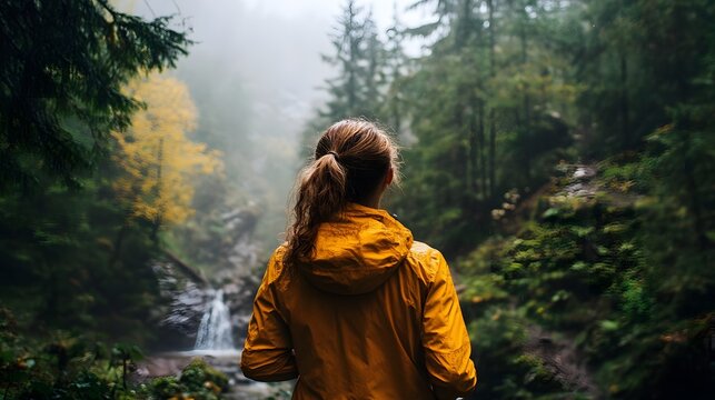 A woman in a yellow jacket stands in a misty forest looking at a waterfall. - Powered by Adobe