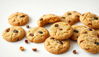 Golden-brown homemade cookies, studded with raisins and sesame seeds, arranged on a pristine white background, overhead shot, isolated