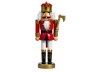 A wooden toy soldier with a gold crown, red uniform, and axe