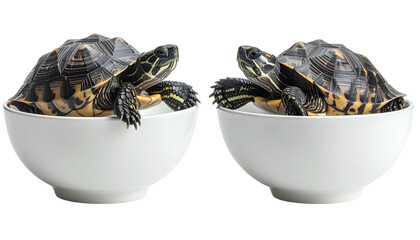 Two turtles sit in white bowls, facing each other against a black bg
