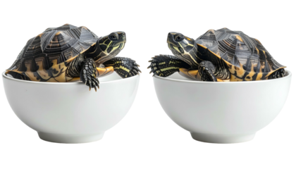 Two turtles sit in white bowls, facing each other against a black bg