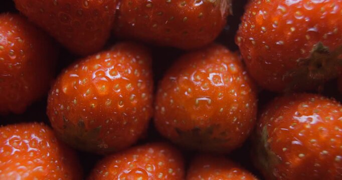 Strawberry with water drops close up studio shot over rotating