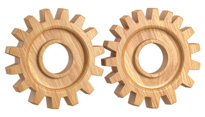 Two wooden gears interlocked, with intricate details and textures