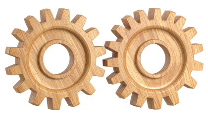 Two wooden gears interlocked, with intricate details and textures
