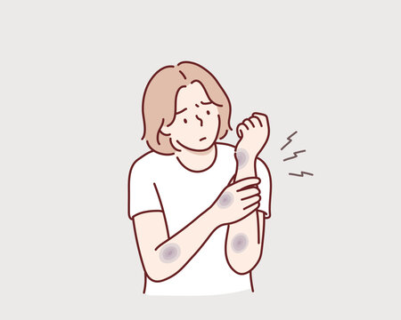 sad woman looking at bruises on her arms after an accident. Original vector illustration drawn by hand.