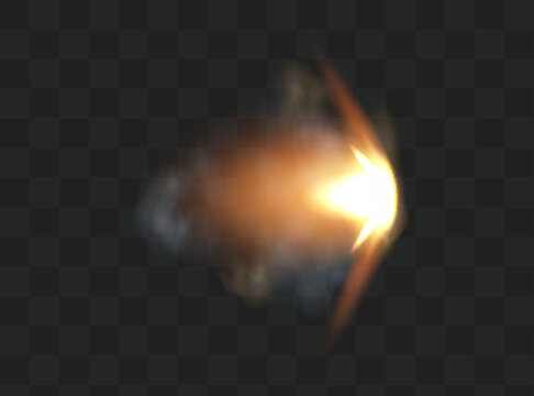 Gun flashes with smoke and fire sparkles. Pistol shots clouds, muzzle shotgun explosion. Blast motion, weapon bullets trails isolated on black background.