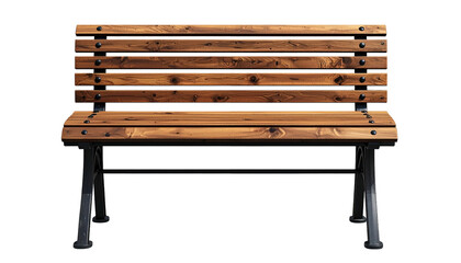 Front view of a wooden park bench with black metal supports