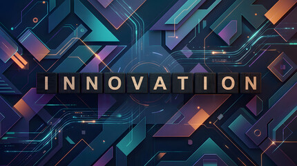 Innovation concept illustrated with wooden blocks spelling 'INNOVATION' in a stack arrangement on a technological background