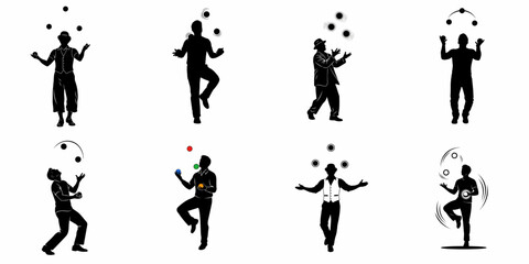 Eight Black Silhouettes of Juggling Men Vector Collection Showing Performers with Balls, Skill, and Entertainment. © Nadya