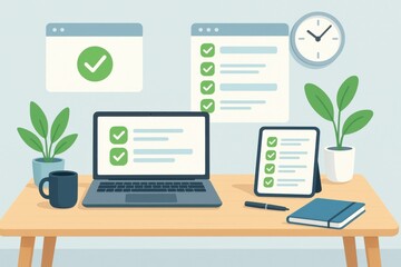 Modern workspace with laptop and tablet displaying completed tasks, highlighting productivity, organization, and digital efficiency in work environments.