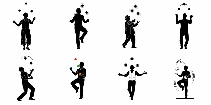 Eight Black Silhouettes of Juggling Men Vector Collection Showing Performers with Balls, Skill, and Entertainment.