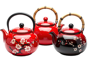 Three ornate, red teapots with decorative handles, cherry blossoms