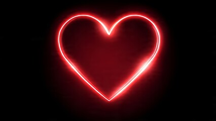 Glowing red neon heart shape on a dark background, symbolizing love and passion, with light effects.