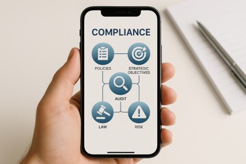 Hand holding smartphone displaying compliance strategy diagram with policies, risk, and audit. Concept of law, management, and organizational governance.