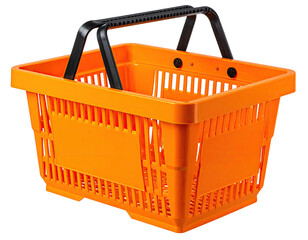Bright orange plastic shopping basket with black handle against a black background