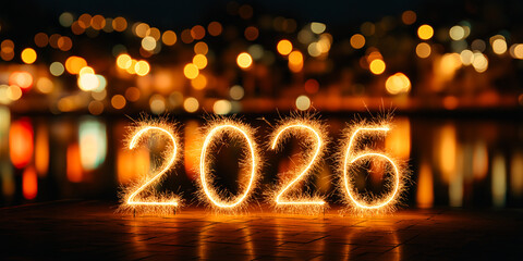 "2026" written with sparklers against a night backdrop with bokeh lights and water reflections. Festive, celebratory atmosphere ideal for New Year promotions and seasonal campaigns.