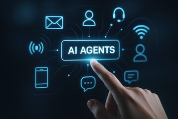 Hand selecting AI Agents on a digital interface surrounded by connectivity symbols. Concept of artificial intelligence, communication, and technological innovation.