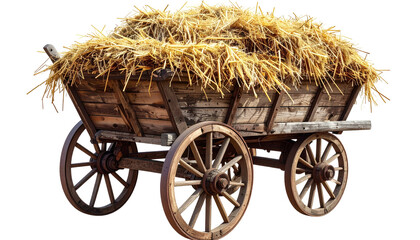 Old wooden cart filled with golden hay, isolated on black backdrop